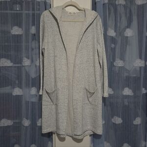 Penelope Project Grey Speckled Long Open Front Cardigan With Hood